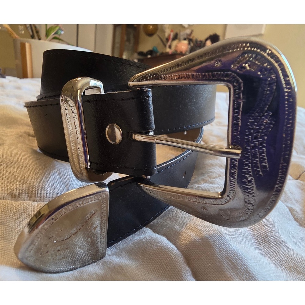 Western Belt Unisex 40 Black Silver Engraved Buckle Cowboy Boho Southwestern